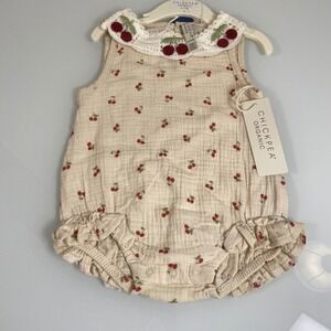 Chickpea Organic Girls 6-9M Beige Cherry Romper New Crochet Collar Muslin Bubble